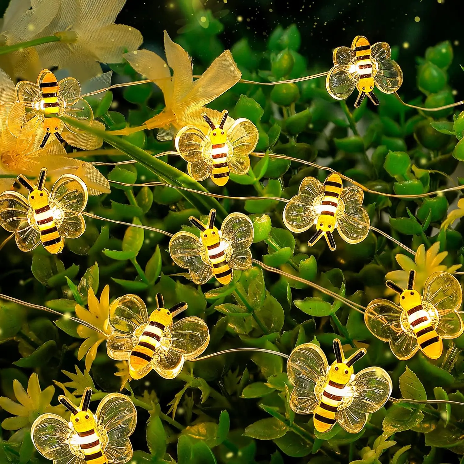 Whimsical Honeybee Copper Spring LED String Lights - 10ft 30 LED Battery-Operated, Water-Resistant, Safety-Enhanced Indoor Lighting with Batteries for Bedroom, Patio Home Improvement