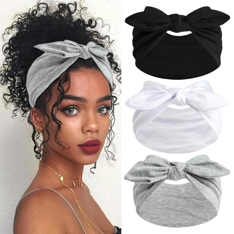 3Pack Black,Gray,White Bow Headbands for Women Boho Wide Head Bands for Women's Hair Christmas Non Slip Elastic Hair Bands Soft Headwraps Workout Yoga Turban Hair Accessories