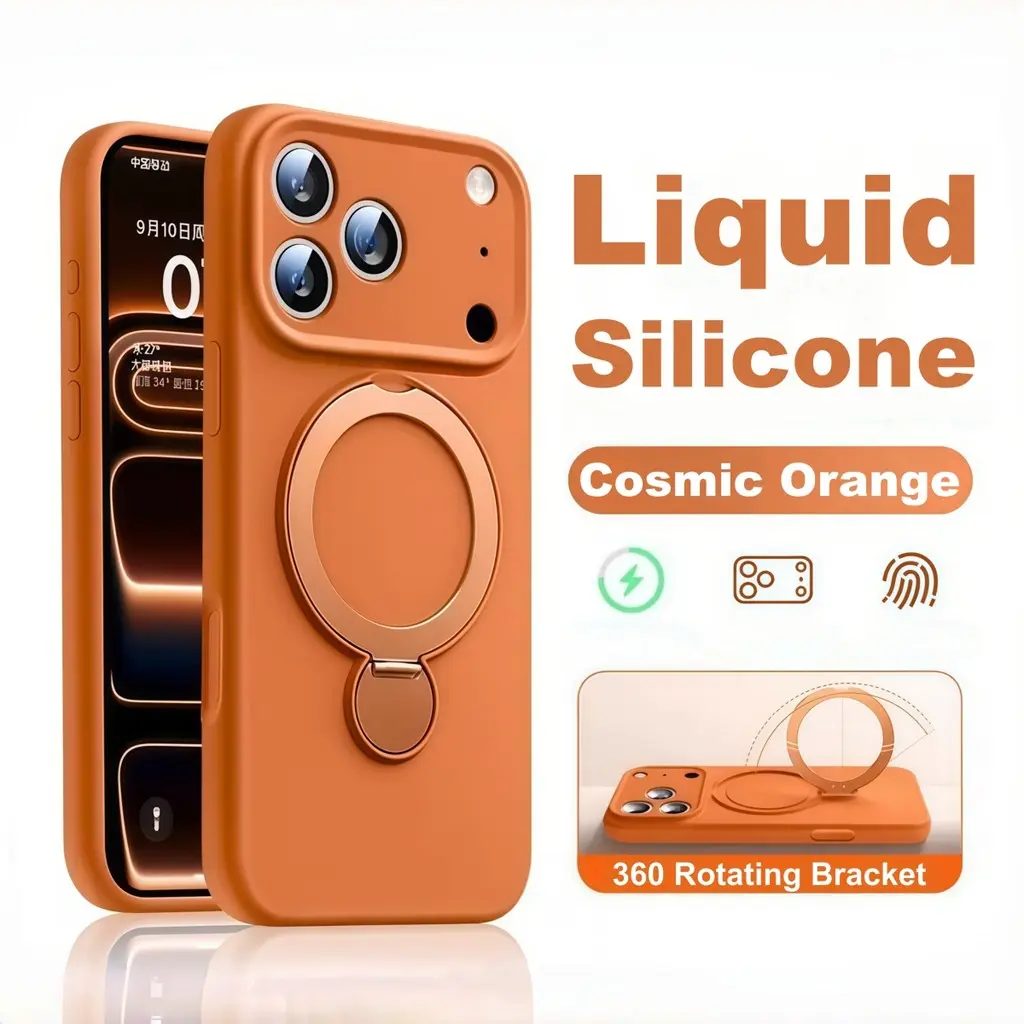 360-Degree Rotating Metal Ring Stand Soft TPU Silicone Case for iPhone 17 Pro Max & iPhone Series, All-Inclusive Shockproof Anti-Drop Cover, Mobile Phone Accessory, Accessories
