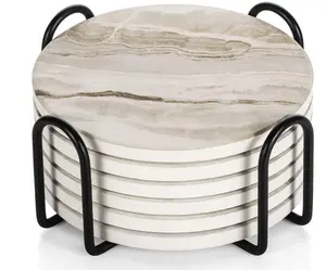 LIFVER Coasters Set of 6, Coasters for Drinks Absorbent Stone with Holder, Black Marble Style Ceramic Drink Coaster for Tabletop Protection, Coffee Table Decor Ideal for Home Decor House Warming Gifts