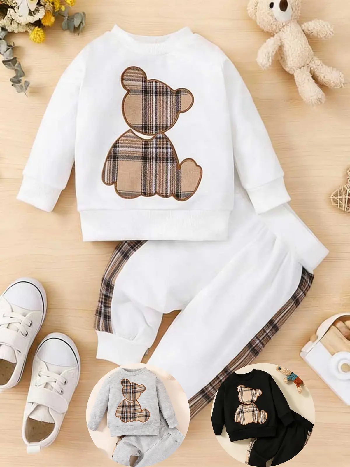 Baby Boy's 2-Piece Clothes Set Plaid Teddy Bear Patch Sweatshirt & Contrast Plaid Side Pants Fall Winter Casual Outfit for 0-24M Ready Stock 22507049 Gift Sets