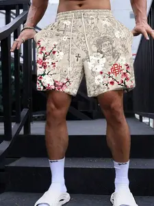 Men's Religious Floral Print Graphic Shorts, Jesus & Sakura Pattern, Tapestry Inspired Design, Casual Fitted Beachwear, Unique Eye-Catching Bottoms