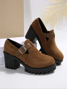 Fashionable Women's Metal Buckle Thick Sole Chunky Heel Shoes, Vintage Style Platform Mary Janes with Height-boosting, for Fall and Winter