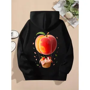 Women's Peach Hot Air Balloon Picnic Cozy Fruit Summer Aesthetic Hooded Long Sleeve Hoodie with Unique Print for Casual Wear and Outdoor Activities Womenswear Sweatshirts Tops hoodies women sweatshirts women winter outfits comfort hoodies