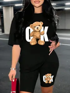 Women's Bear Print Loose Fit T-Shirt & High-Waisted Bike Shorts Set, Casual Round Neck Short Sleeve Top, Ideal for Yoga, Fitness, Daily Wear