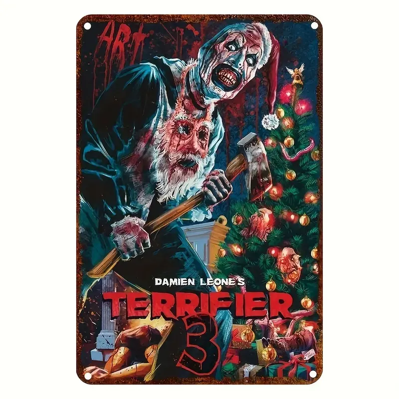 (8*12 in) Terrifier 3 Movie-Inspired Metal Wall Art Print - Vintage Tin Sign with Iron Frame, Artistic Graphic Mature Easy-Hang Home Decoration for Living Room, Horror Fans