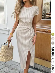 Elegant Striped Midi Dress, Casual Slim-Fit Dress for Women, Womenswear, Perfect for Birthday, Wedding Guest, Commute, Graduation