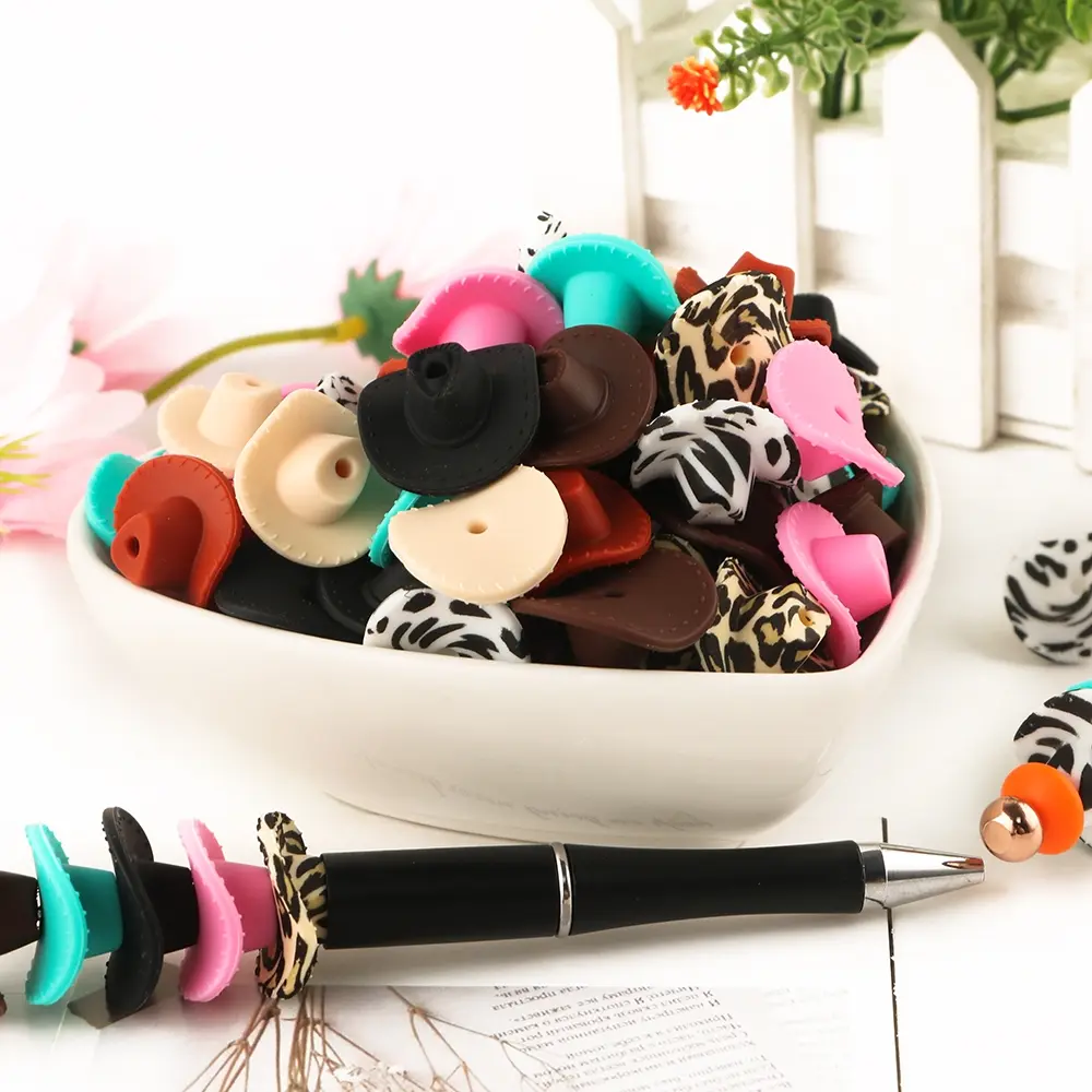15pcs New Leopard Print Cowboy Hat Silicone Beads Diy Mix Beads Diy Beading Accessories For Making DIY Jewelry Bracelets Key Chain Pen Handicrafts Accessories