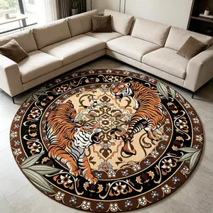 Vintage Jungle Tiger Carpet, Animal Printed Rug, Soft Bohemian Plant Round Rug, Vintage Boho Rug, Decorative Rug, Non-Slip Washable Mat for Living Room Bedroom, Dining Hall Entrance Office, Home Decor Rug