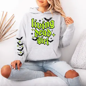 Living Dead Girl Gildan hooded Sweatshirt with Sleeve design unisex sizing womenswear comfortable soft Casual Pullover Tops Fabric Pocket Mint Green Green Spandex Cotton