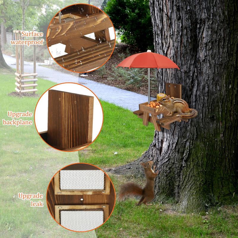 Wood Squirrel Feeder with Umbrella Sturdy Carbonized Wood Squrrill Feeder Table Squirrel Feeders with Corn Cob Holder Wooden Squirrel Feeder Table for Outside Chipmunk Feeder for Yard Porch