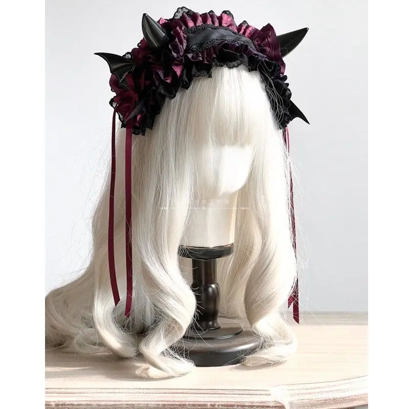 Dark Gothic Lolita Devil Horns, Devil Wings Headband, Halloween Multi-layered Lace Girl Hair Accessory