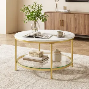 2-Tier Marble Round Coffee Table with Glass Top, Storage-Equipped Indoor Living Room Furniture Table 2-Tier Marble Round Coffee Table with Glass Top, Storage-Equipped Indoor Living Room Furniture Table