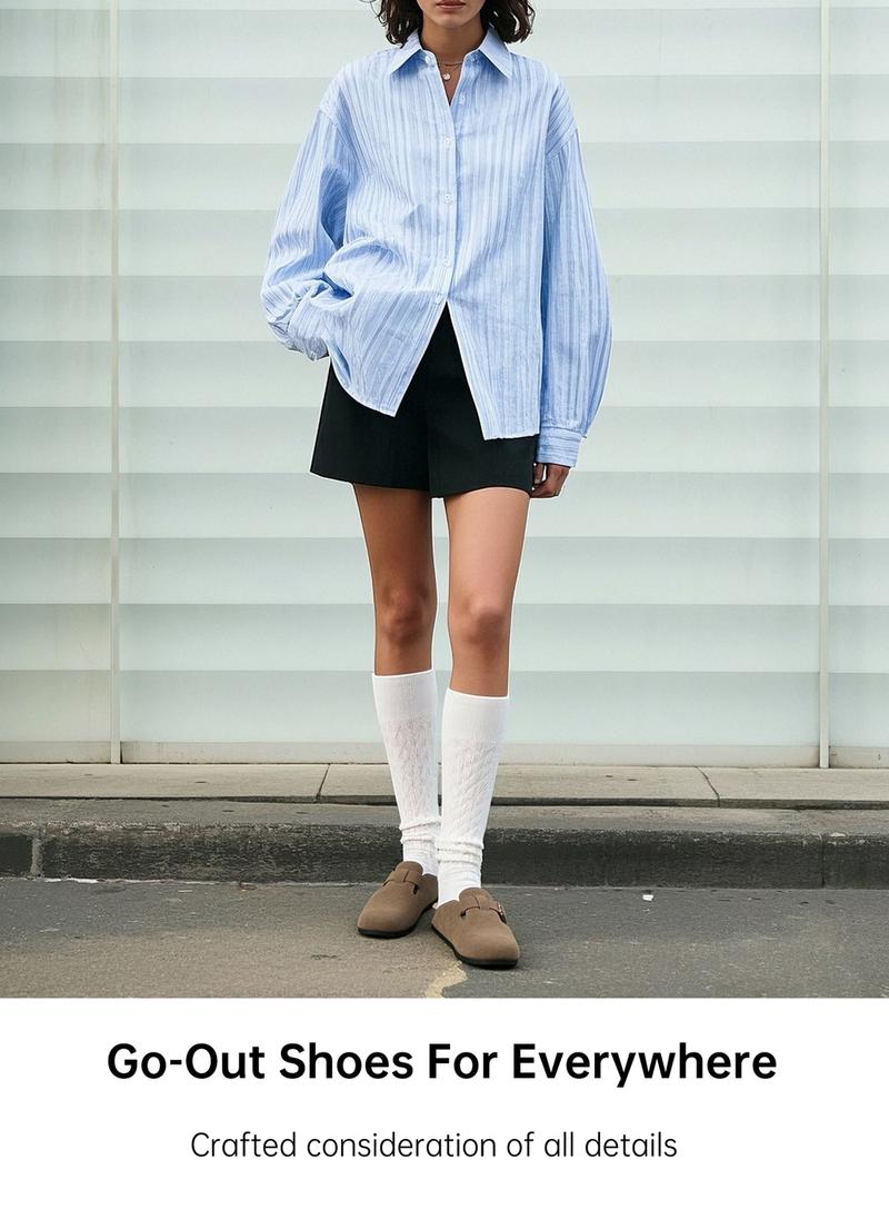 EVELLYHOOTD Women Men Genuine Suede Round Toe Cork Footbed Clogs Potato Shoes Slide Outdoor Gym Shoes with Arch Support Flat Buckle Clogs Retro Fashion Walking Shoes Slippers 【Wide Feet PLS SIZE UP 】