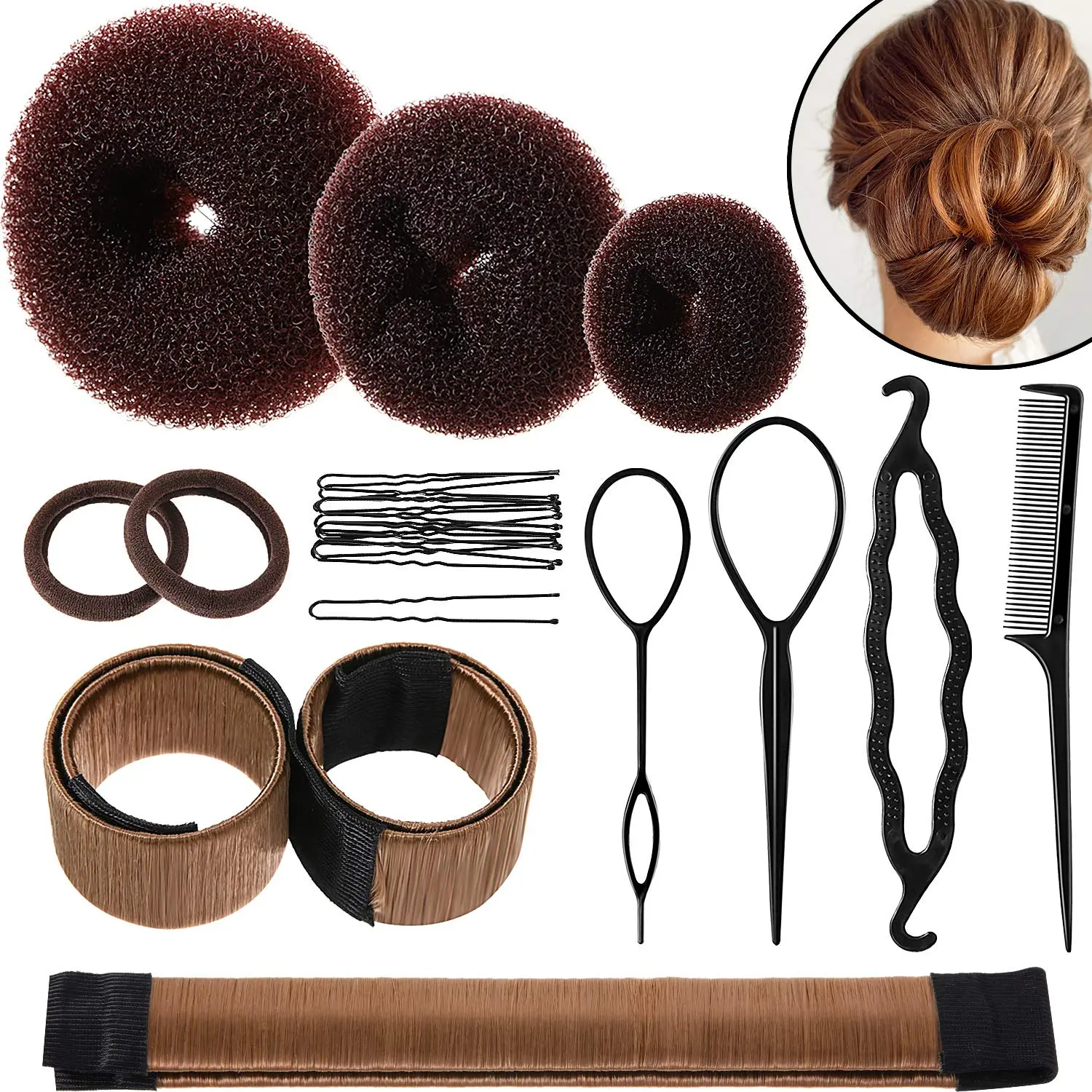 Hair Bun Maker Kit, Includes Donut Shapers, Bun Markers, Ponytail Tools, Bobby Pins, and Elastic Bands for Women and Kids (Beige) Haircare Heatless