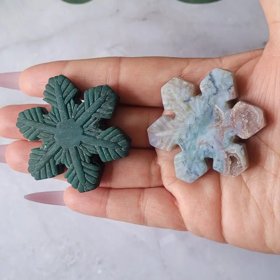 Jasper Crystal Snowflake Carving, Winter Holiday Decor