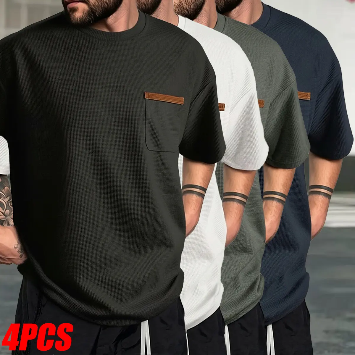 Set of 4 men’s casual short-sleeve T-shirts with front pockets; fashionable street-style short-sleeve T-shirts for summer, crew neck, quick-drying and breathable; menswear, men’s short-sleeve T-shirts,summervibes