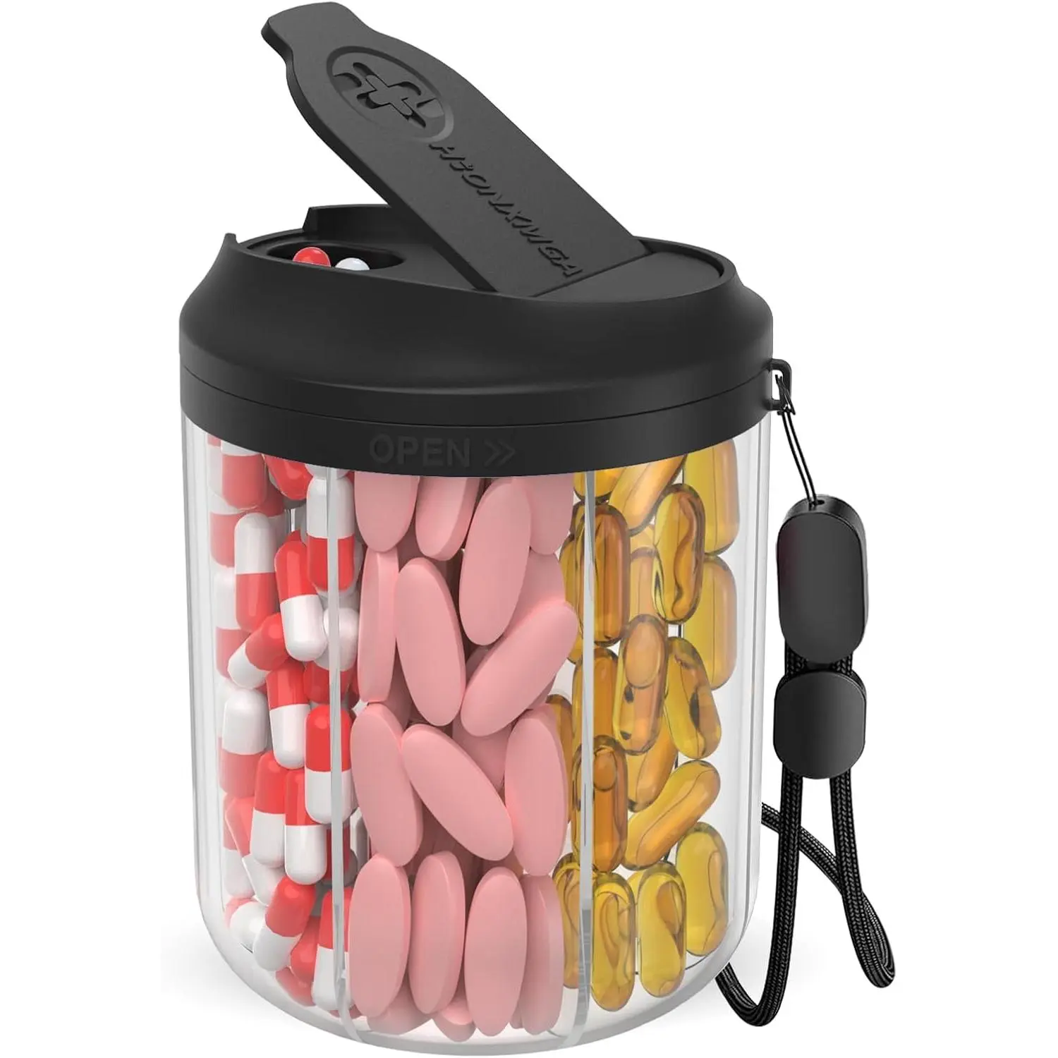 Black Portable Vitamin Organizer - Round Poly Carbonate Pill Dispenser, 7 Large Compartments, Anti-Mixing Design, BPA-Free, 20 Pcs Labels, Durable Vitamin Dispenser for Medication Storage