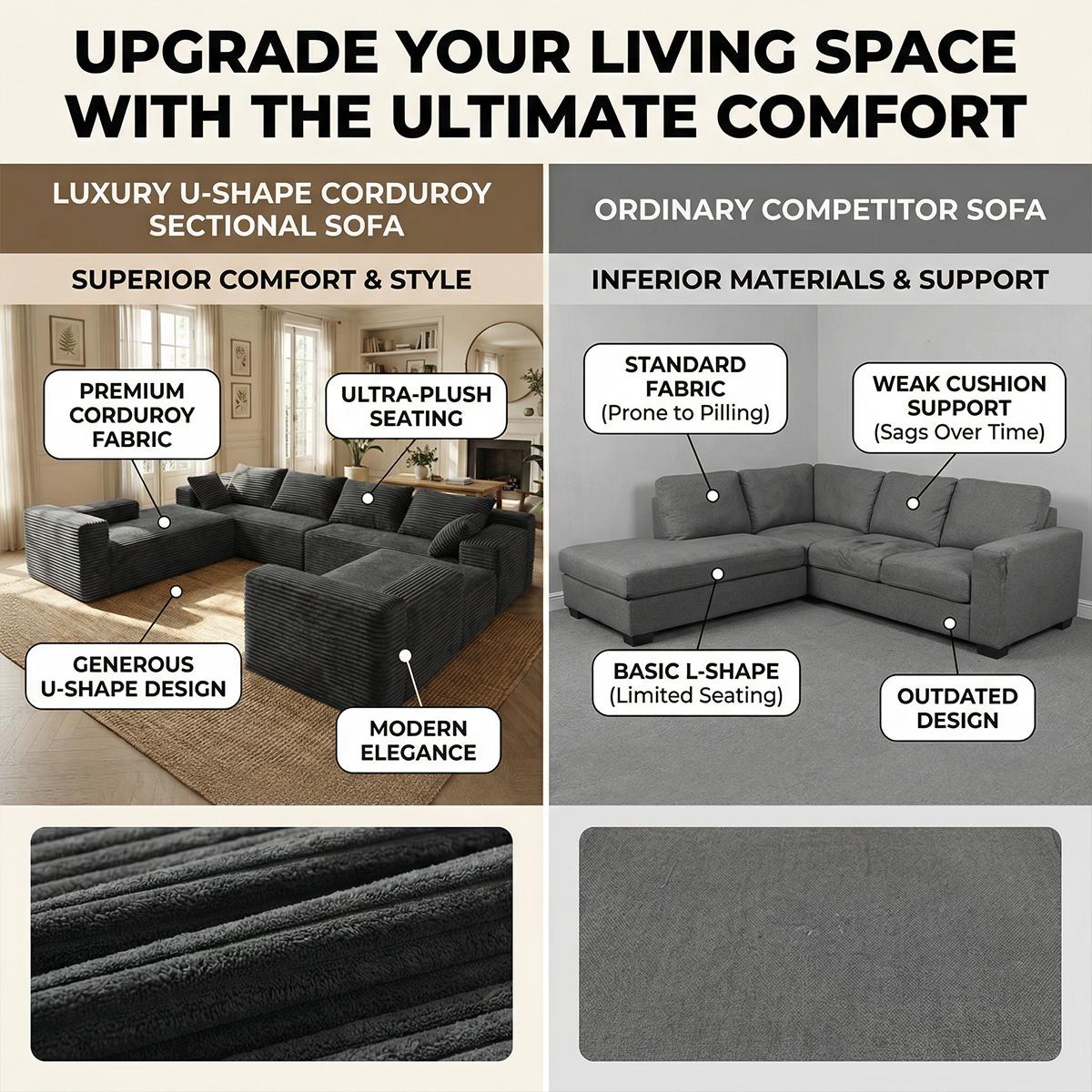 Pre-Assembled U-Shaped Modular Corduroy Sectional Couch - Soft Fabric, Space-Saving Indoor Living Room Furniture, Convertible Sofa Bed with Memory Foam Pillow, Fluffy Black