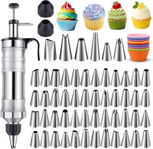 Dessert Decorating Syringe Set, Stainless Steel Frosting Piping Cake Decorating Kit with 54 Piping Tips & 9 Silicone Cupcakes, Piping Bags and Tips Set for Cupcake Decorating (Black)