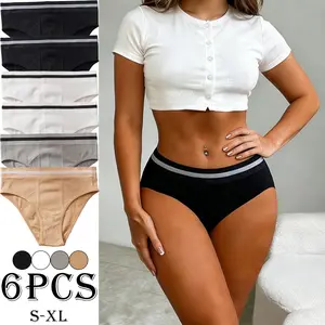 6PCS Solid Color Striped Waistband Women’s Panties, Skin-Friendly, Butt-Lifting, Breathable, Triangle Briefs for Everyday Wear and Dates