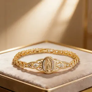 14K Gold Plated Our Lady of Guadalupe Bracelet for Women Crystal Embellished Religious Catholic Jewelry Vintage Filigree Chain Perfect for Prayer Daily Wear & Religious Gift