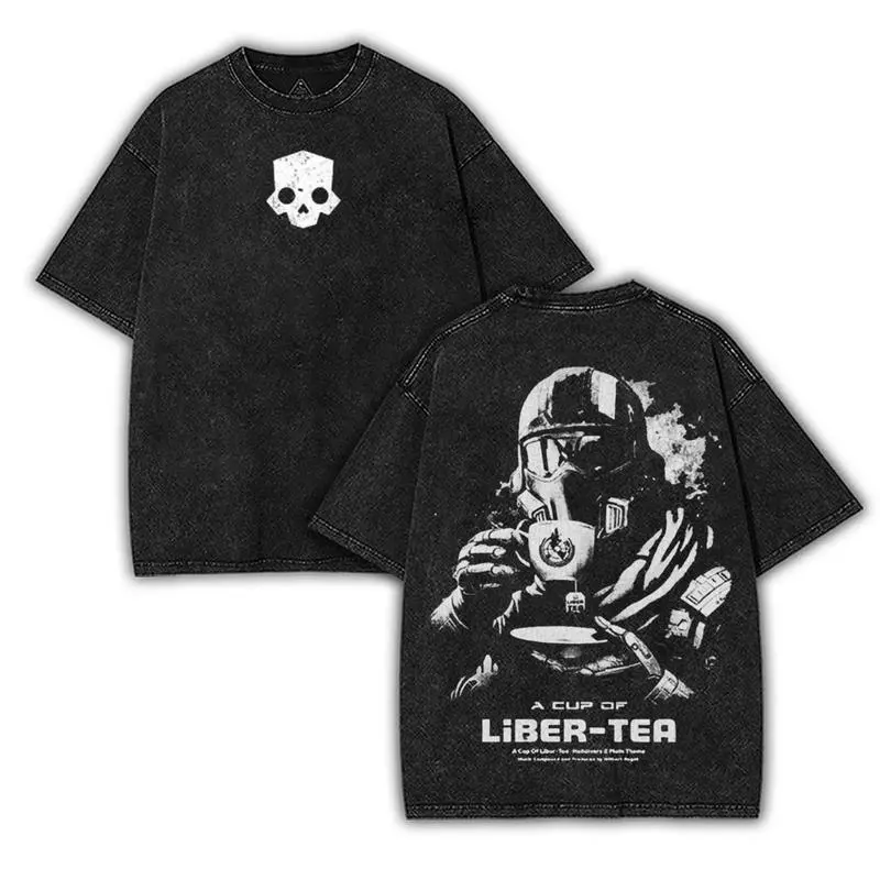 Helldivers 2 'A cup of liber-tea' Front and Back Washed T-Shirt Oversize Unisex, Double Printed Survival Horror Streetwear Game Merch Gift For Fan