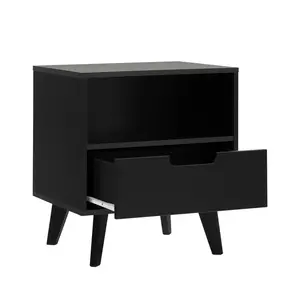 Walker Edison Mid-Century MDF Nightstand - 1 Drawer with Drawer Glide, Tapered Legs, Easy Setup, 21.88x15.63x19.75 in, Black Indoor Furniture Piece