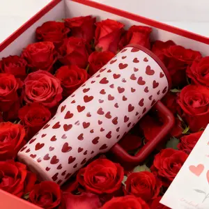 40oz Thermal Vacuum Cup, Double-Wall Stainless Steel Leak-Proof Handled Skinny Travel Tumbler for Hot and Cold Drinks, Keeps Drinks Hot for 12 Hours and Cold for 24 Hours, Insulated Travel Drinkware with Valentine Heart Print, Gift for Women and Men