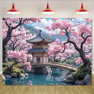 1PC,2D Flat Japanese Cherry Blossom Garden Tapestry, Japanese - style Architecture, Bridge Over Water Photography Backdrop, Bedroom & Living Room Decorative Wall Hanging, Pink Cherry Trees Natural
