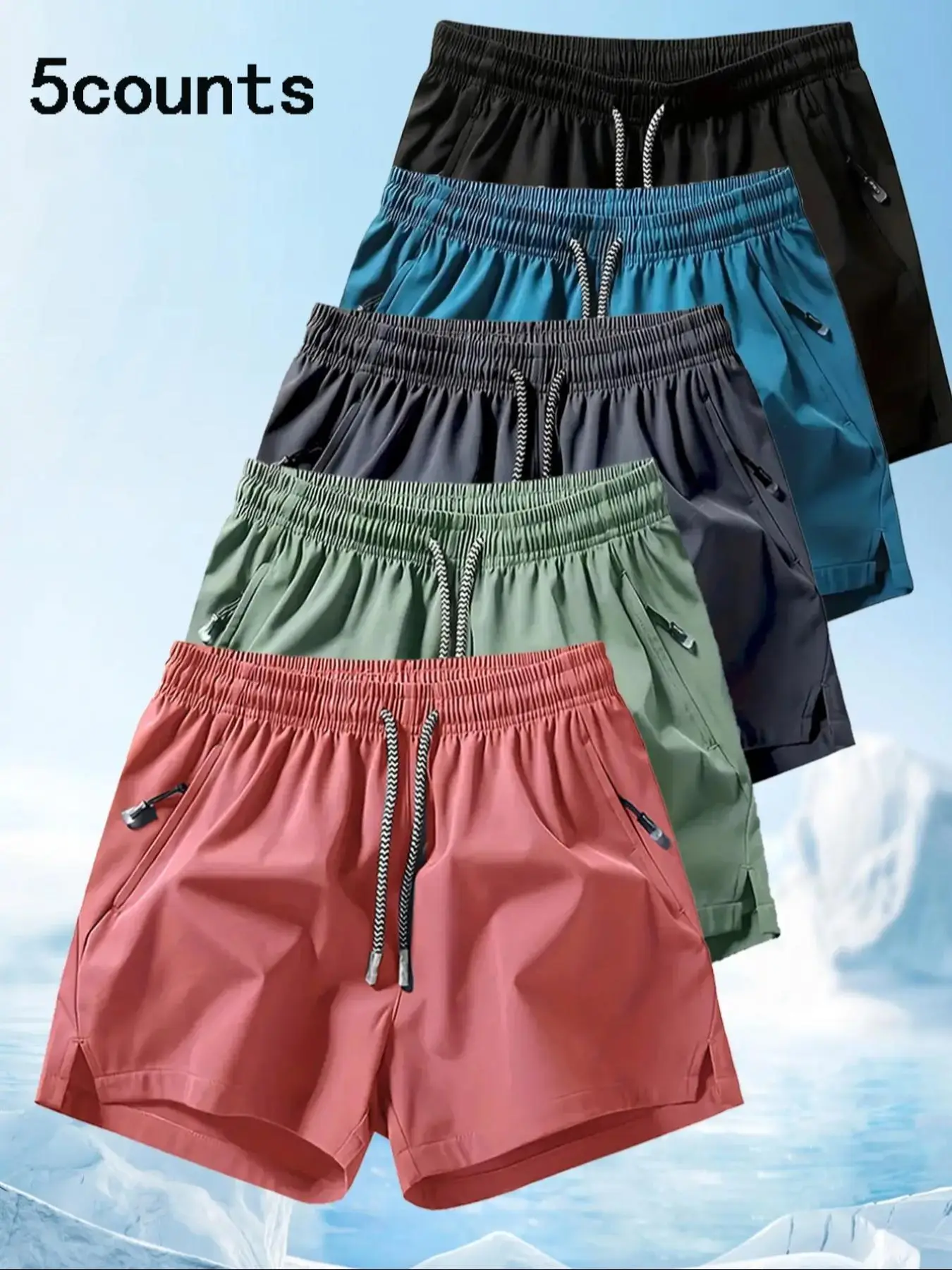 Men's Solid Drawstring Waist Sports Shorts, Quick Drying Breathable Zipper Pocket Split Bottoms for Gym Workout Running, Casual Sporty Clothes for Sum