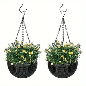 Elegant Polypropylene Self-Watering Hanging Planters Flower Pots with Rattan Design - Easy Drain Plug for Efficient Watering, Ideal for Indoor & Outdoor Home & Office Spaces