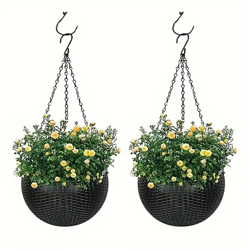 Elegant Polypropylene Self-Watering Hanging Planters Flower Pots with Rattan Design - Easy Drain Plug for Efficient Watering, Ideal for Indoor & Outdoor Home & Office Spaces Hanging Plant Basket