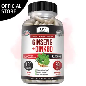 Kaya Naturals Red Panax Ginseng + Ginkgo Biloba | Nootropic Brain Supplement | Cognitive and Concentration Support | Brain Booster, Focus, and Memory Supplement | 180 Capsules