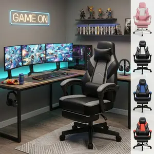 Walsunny Gaming Chair with Footrest, High Back Ergonomic Comfortable Office Computer Video Chair with Lumbar Support Height Adjustable with PU Leather