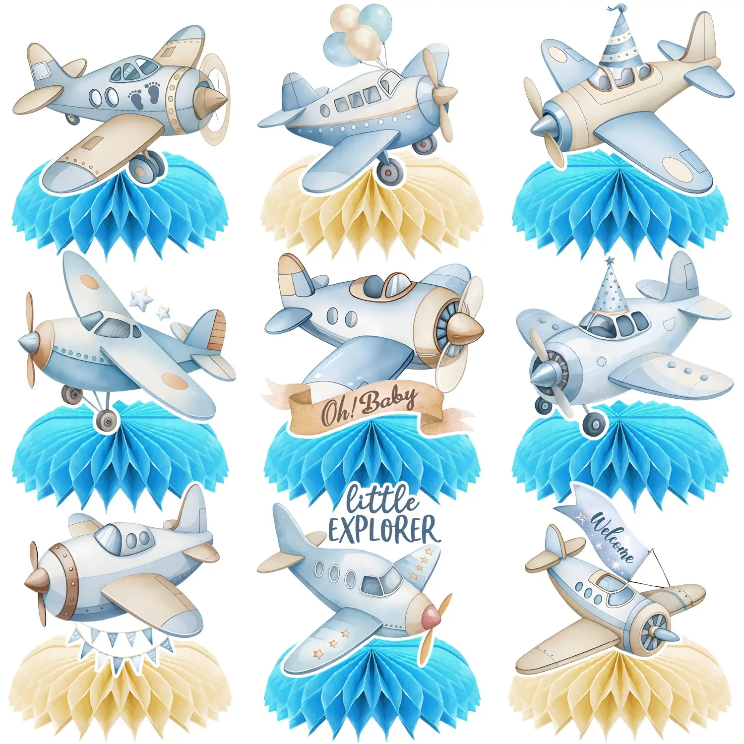 9Pcs Little Explorer Airplane Baby Shower Honeycomb Centerpieces, Blue Vintage Aircraft Table Decorations, Watercolor Plane Theme 1st Birthday Party Supplies, Welcome Baby Table Toppers, Gender Reveal Party Decorations