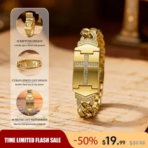 【Gold Cross Bracelet Watches】 Elegant Gold Cuban Chain Watch – Sparkling Crystal Cross Embellishment, Geometric Rectangular Dial, Premium Metal Bracelet Timepiece, Perfect for Daily Elegance & Gifting Perfect Mother’s Day gift