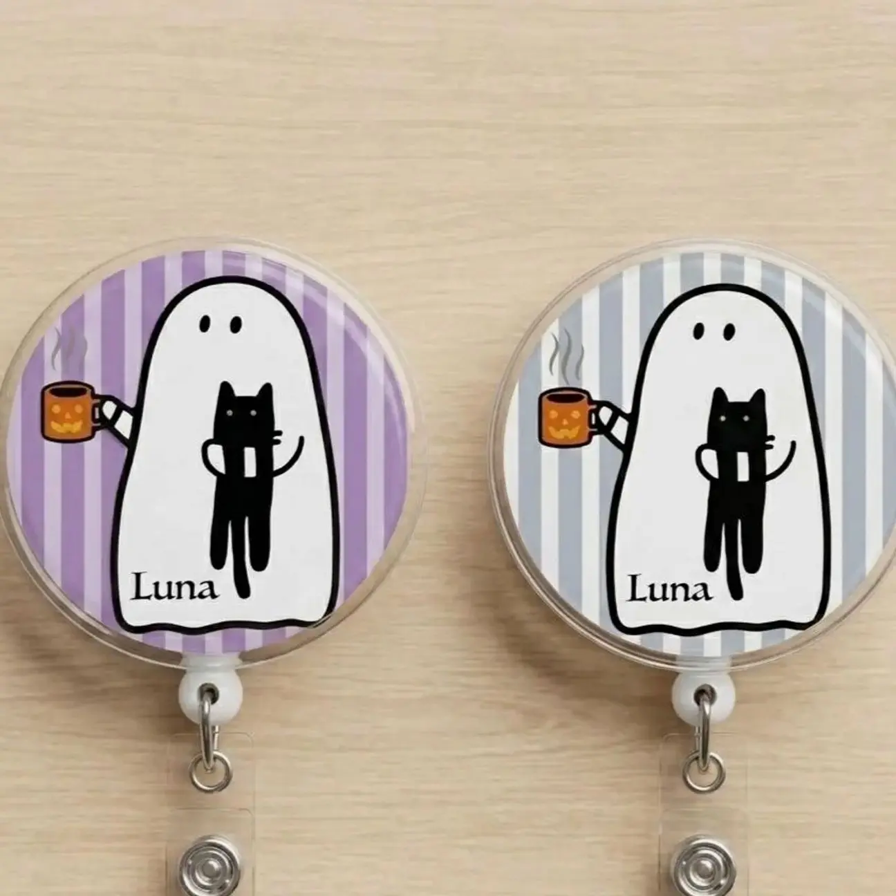 6 ops Custom Name Ghost Black Cat Badge Reel Retractable, Personalized Halloween Coffee ID Holder
