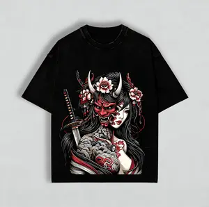 Vintage Washed Geisha & Samurai Graphic T-Shirt for Men – Japanese Art Inspired Tee