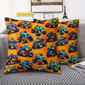 Vibrant Monster Trucks Digital Print Throw Pillow, 45cm Square Cushion with Inner Fill with Inner Cushion, Bold Colors on Orange Background, Unique Tread Design, Perfect for Kids' Rooms, Playful and Energetic Home Decor
