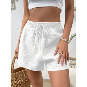 Women's Elastic Waist Casual Shorts - Summer Lightweight Breathable Fabric with Faux Drawstring Detail, Solid Color, Machine Washable for Lounge, Outdoor & Casual Attire, Lounge Clothing, Relaxed Fit, Soft Material, Home Comfort