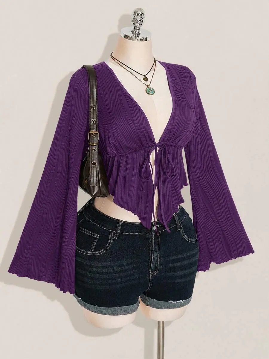 Plus Size Women's Asymmetrical V-Neck Knot Blouse Flare Sleeve Top for Independence Day Dinner Plans