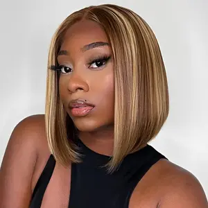 SDDRSRA Ombre Highlight Bob Wig Human Hair 13x4 Lace Front Wigs P4/27 Colored Wigs 14 Inch Honey Blonde Bob Human Hair Wig 180 Density Glueless Short Human Hair Wigs for Women Pre Plucked With Baby Hair