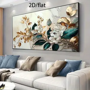 1PC Frameless Modern Floral Canvas Wall Art Teal & Gold Botanical Print Beige Textured Background Minimalist Retro Wall Decor High Quality Hanging Art for Living Room Bedroom Durable Premium Material Home & Indoor Decor Modern Home Decoration