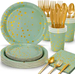175Pcs Sage Green Tableware Set Paper Plates Napkin Cups Foil Gold Dots Wedding Disposable Dinnerware Set Pack Knives