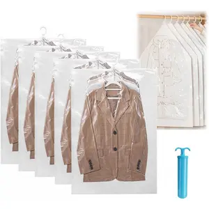 Reusable Clothing Vacuum Bags, 5 Pack Hanging Vacuum Storage Bags, Includes Manual Pump for Storing Long Clothes and Coats (70 * 90cm)