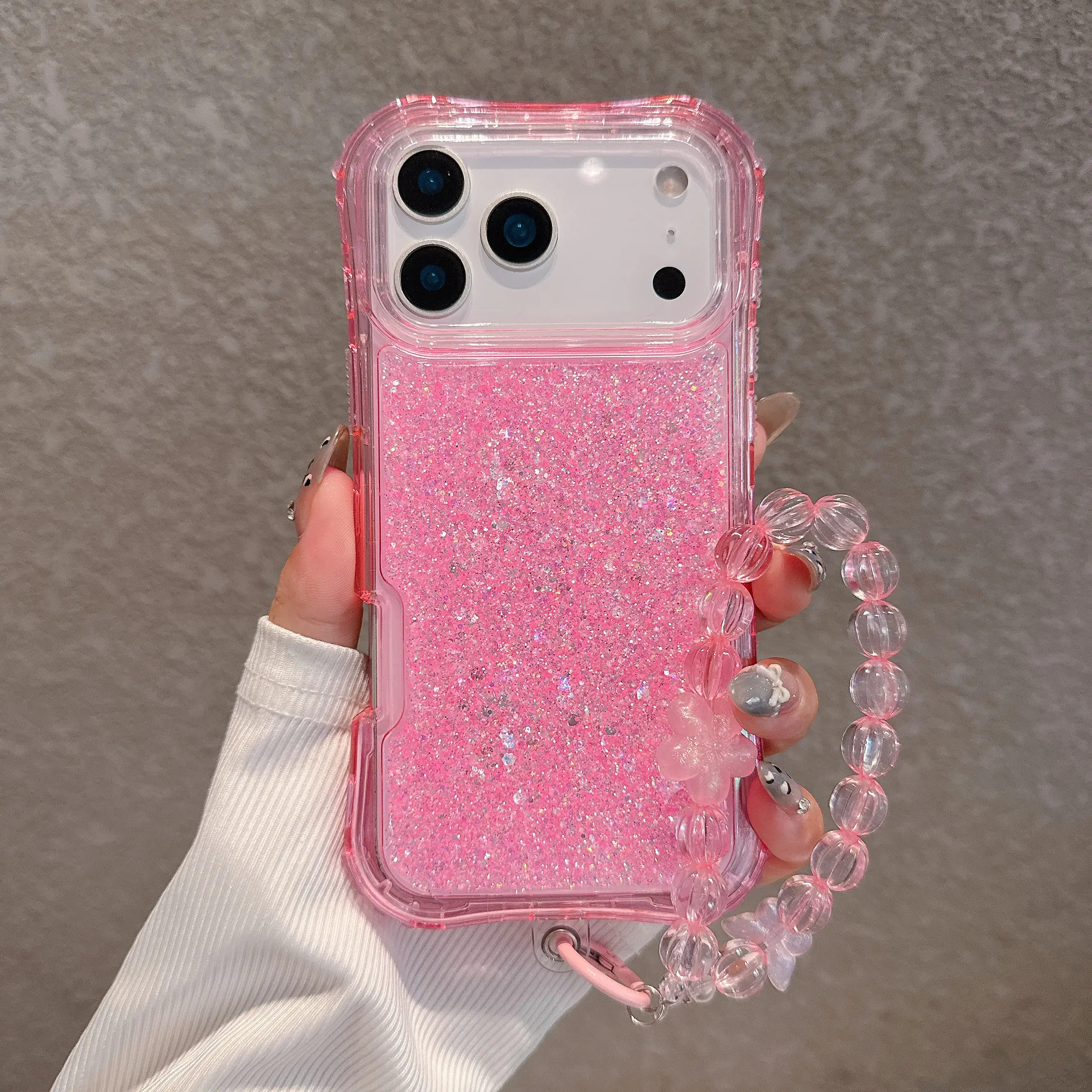 3-in-1 Cute Glitter Phone Case with Beaded Wrist Strap,Four Corner Air Protection Anti-Fall Shockproof Clear Bling Soft Case For iPhone 17 Pro Max 16 15 14 13