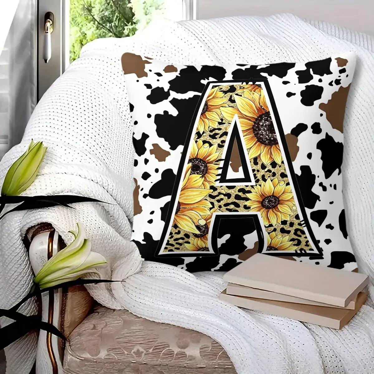 [Digital Throw Pillow] 26 Letter  Throw Pillow - Boho Rustic Cowhide Print Aesthetic - Soft Durable Polyester Fabric - Machine Washable Decorative Cushion Case for Living Room Sofa Bed Home Decor Accent Gift - 45 × 45cm Includes Pillow Insert Zipper