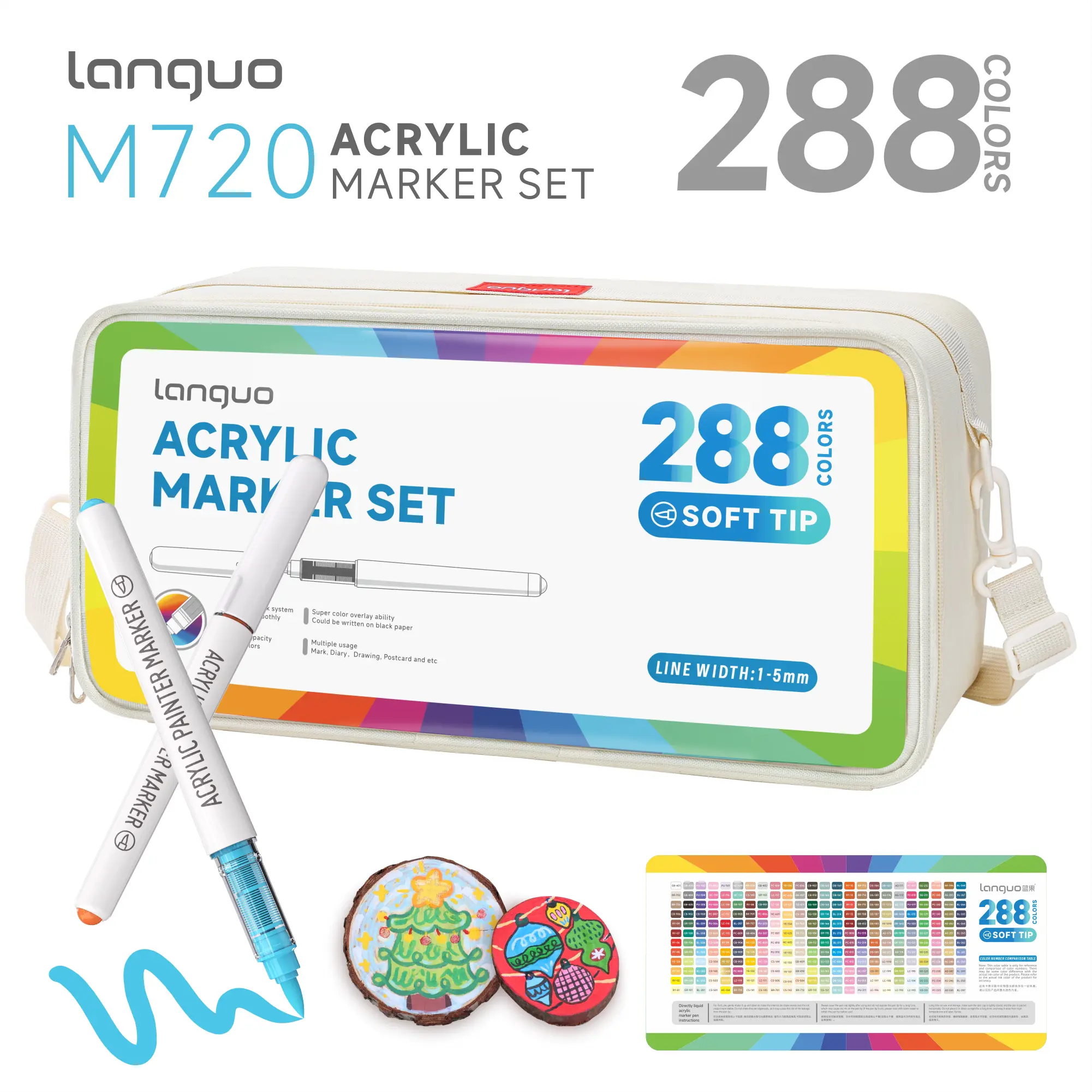 Languo Acrylic Color Marker Set - Soft Brush Tips, Automatic Ink Control, Canvas Bag for Easy Storage & Transport, Office Art Supplies for Fabric & Wood DIY Crafts (Crafts and Art Use)