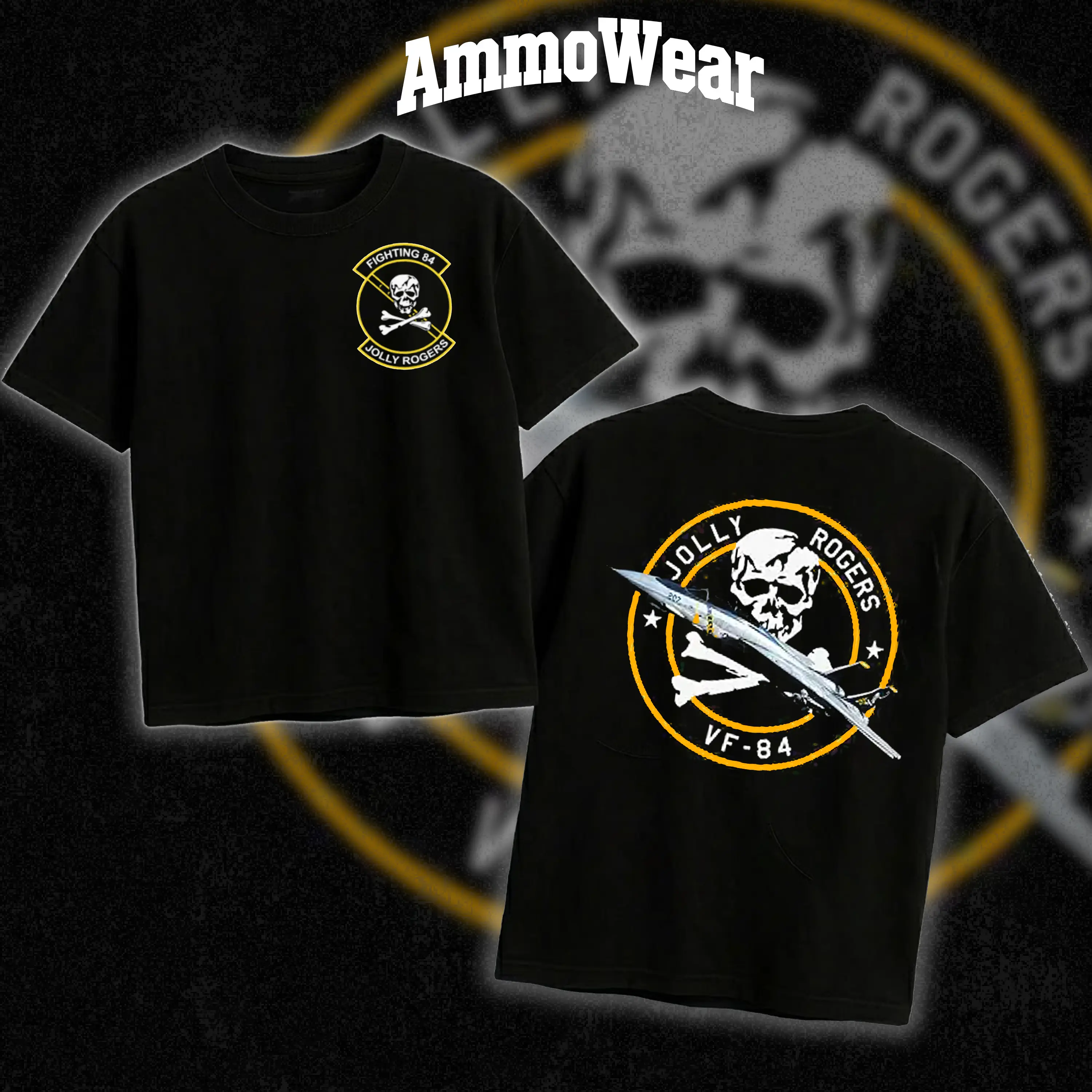 Jolly Rogers VF-84 Graphic Tee, US Navy Fighter Squadron T-Shirt, F-14 Tomcat Aviation Apparel, Skull Crossbones Military Veteran Top, Casual Black Short Sleeve Everyday Mens Shirt, Tactical Streetwear Fashion